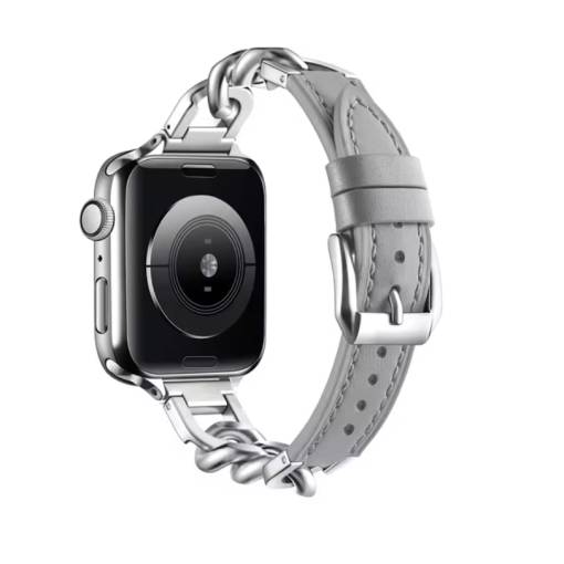 Foto - eses Kožený řemínek s řetízkem pro Apple Watch - Šedý, 38mm, 40mm, 41mm